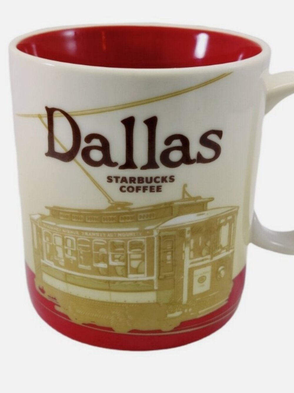 New Starbucks Dallas Coffee Mug 16 OZ Red White Trolley Car Version Collectible